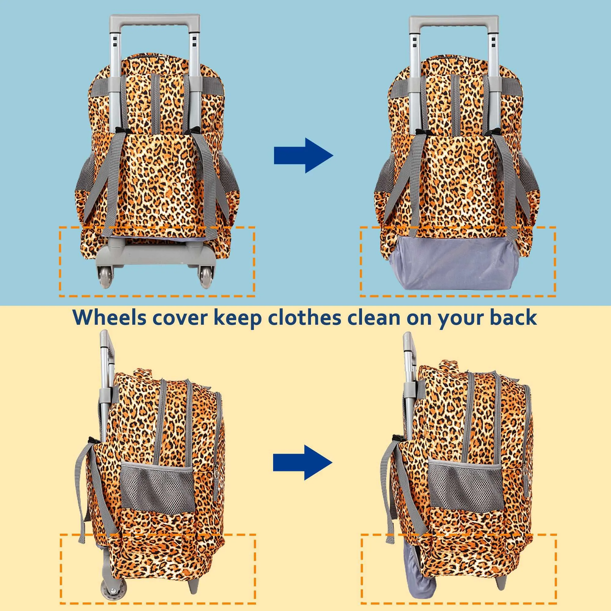 seastig Yellow Leopard Chhetah Print Rolling Backpack 18 inch Kids Backpack with Wheels