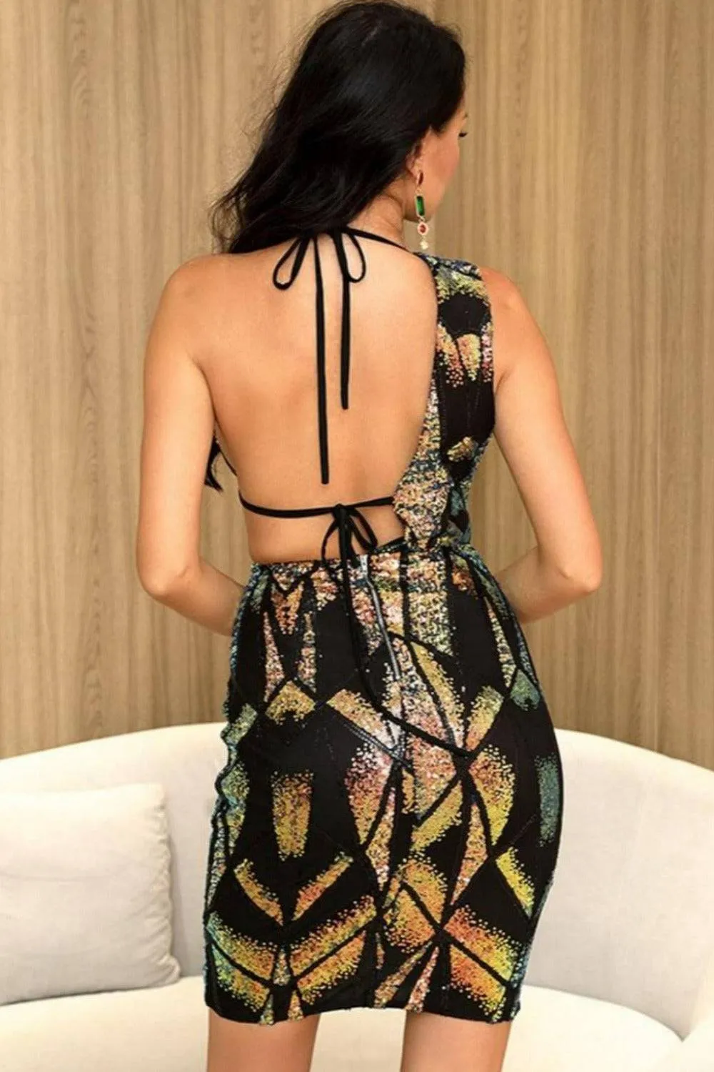 Sequin Metallic Patchwork Glitter Bra Top Cut Out Bodycon Mini Dress