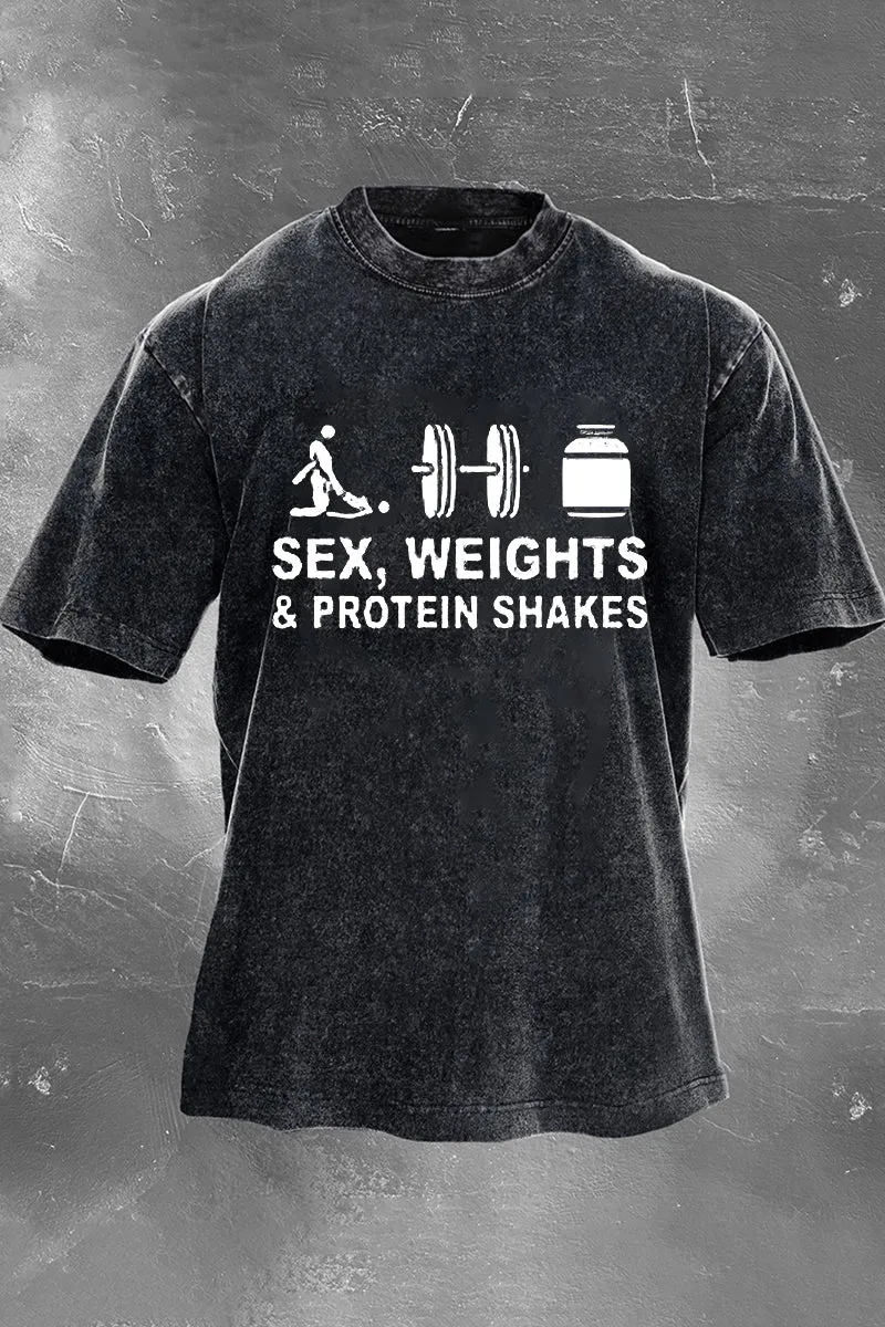 Sex, Weights & Protein Shakes Printed Men's Washed T-Shirt
