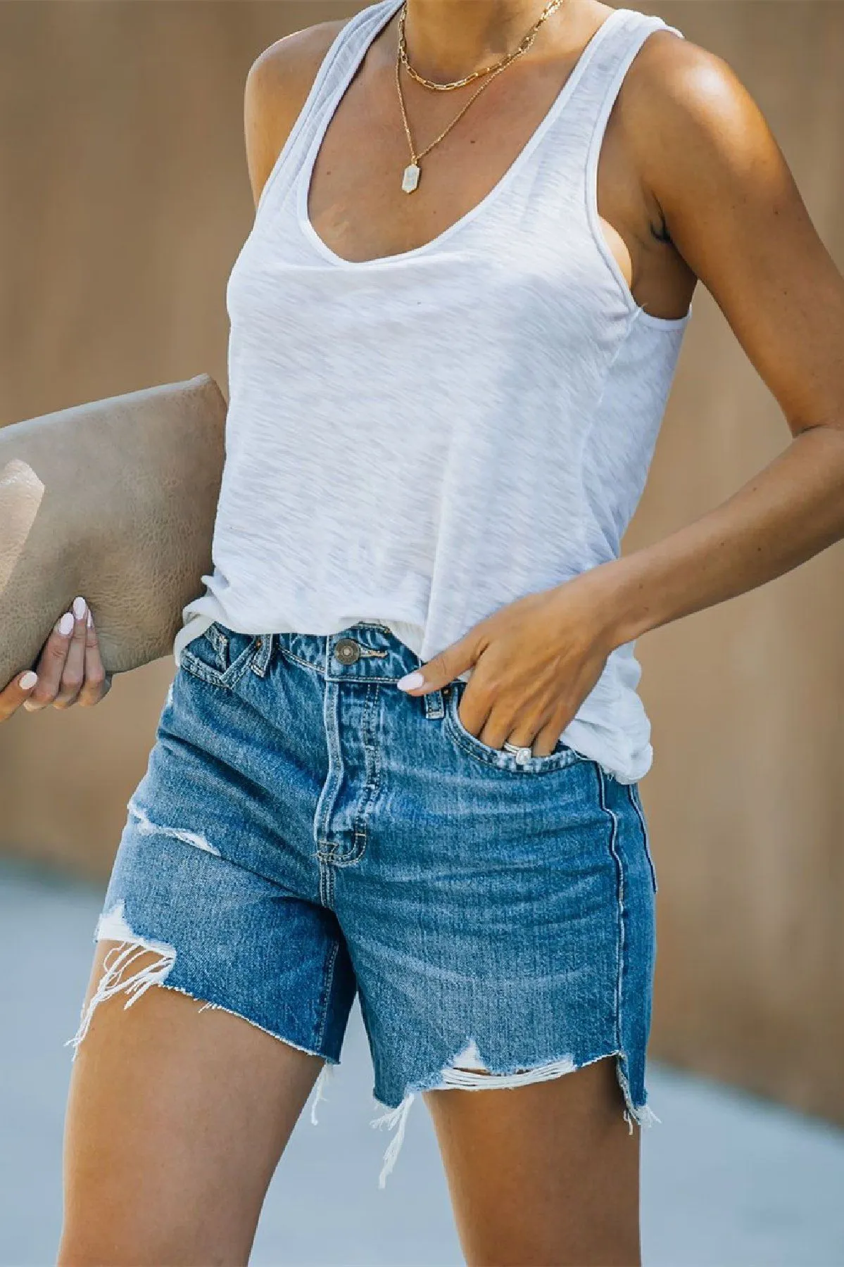 Shira High Rise Distressed Denim Mom Shorts