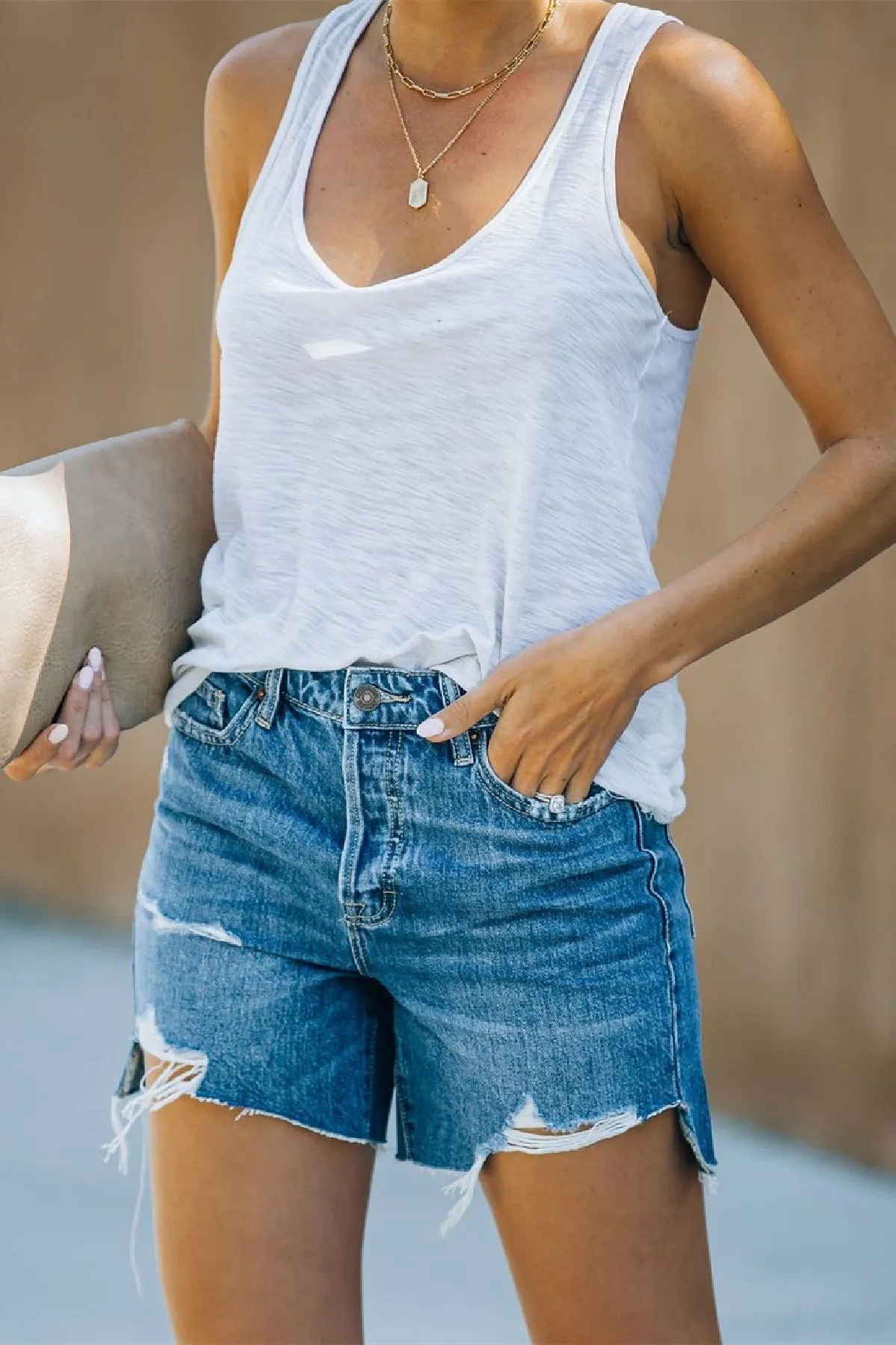 Shira High Rise Distressed Denim Mom Shorts