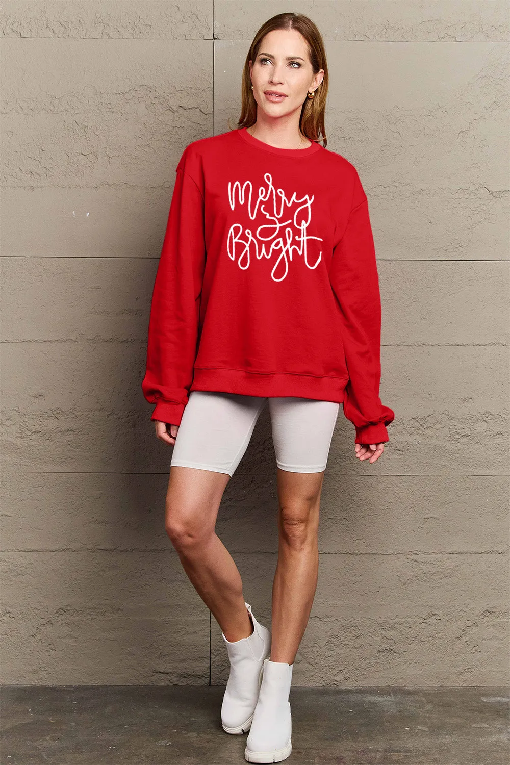 Simply Love Full Size MERRY AND BRIGHT Graphic Sweatshirt (3 Colors)