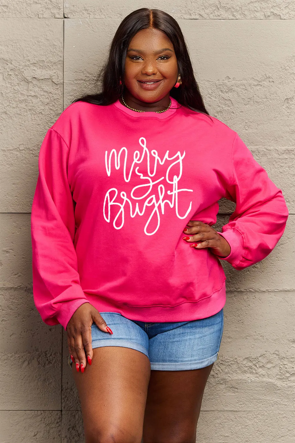 Simply Love Full Size MERRY AND BRIGHT Graphic Sweatshirt (3 Colors)