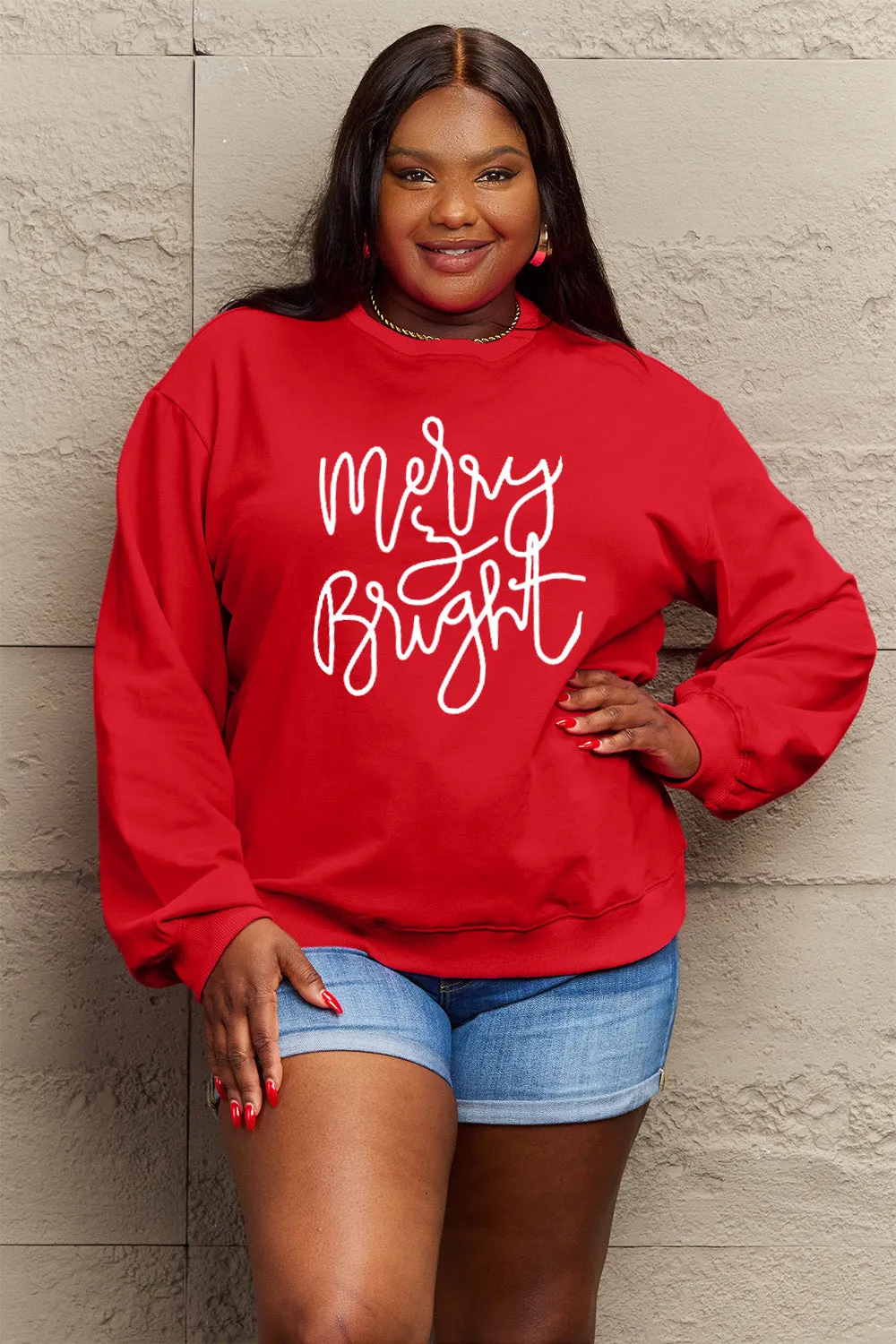 Simply Love Full Size MERRY AND BRIGHT Graphic Sweatshirt (3 Colors)
