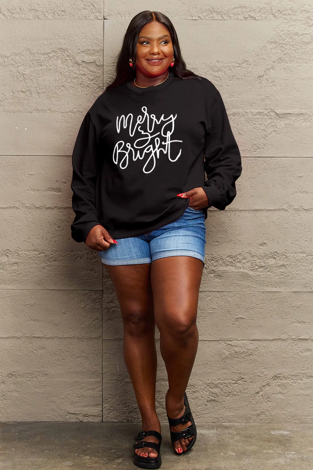 Simply Love Full Size MERRY AND BRIGHT Graphic Sweatshirt (3 Colors)