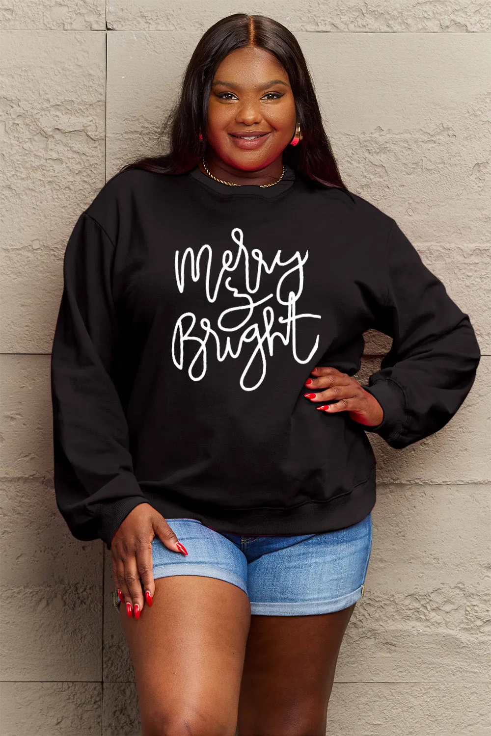 Simply Love Full Size MERRY AND BRIGHT Graphic Sweatshirt (3 Colors)