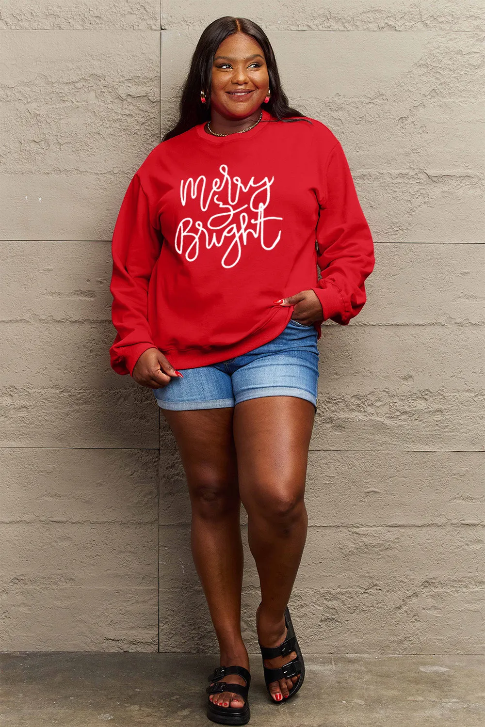 Simply Love Full Size MERRY AND BRIGHT Graphic Sweatshirt (3 Colors)