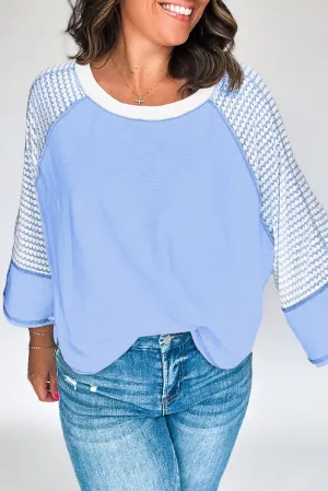 Sky Blue Striped Bracelet Sleeve Raglan Patchwork Top