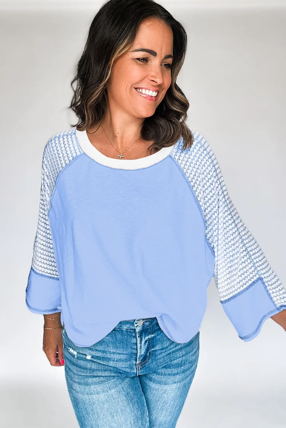 Sky Blue Striped Bracelet Sleeve Raglan Patchwork Top