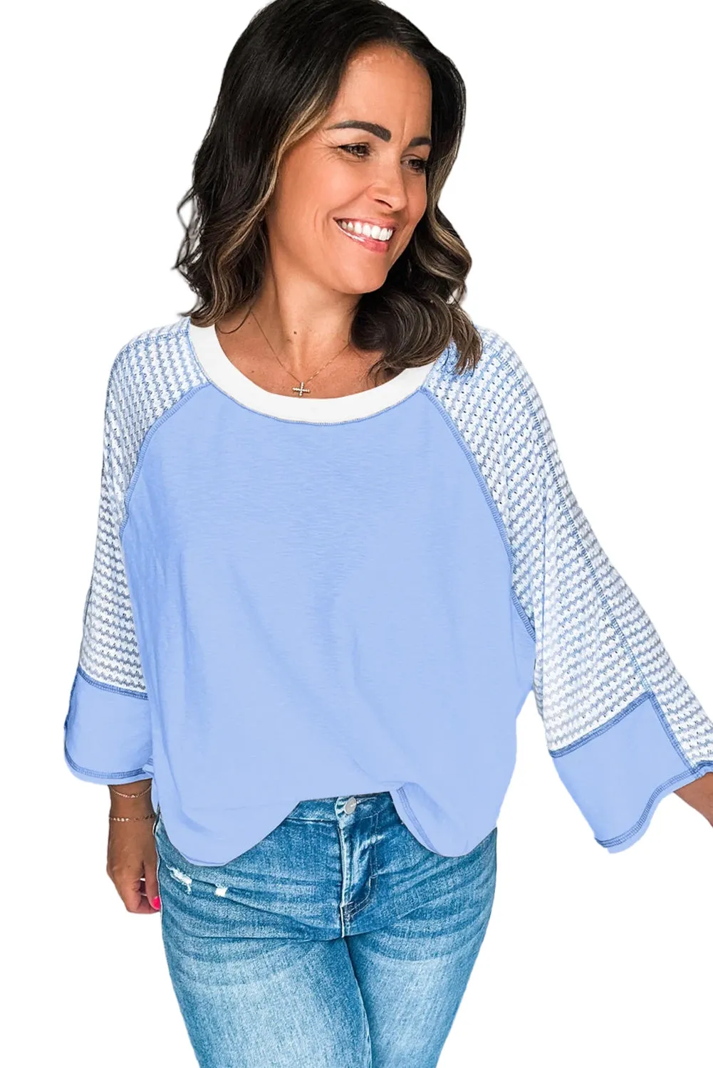 Sky Blue Striped Bracelet Sleeve Raglan Patchwork Top
