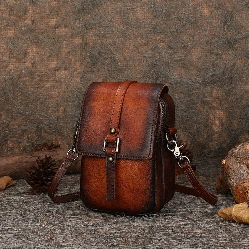 Small Leather Womens VIntage Phone Shoulder Bag Small Side Bag Handmade Crossbody Purse for Ladies