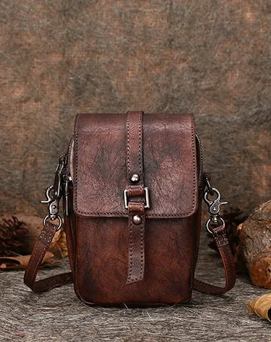 Small Leather Womens VIntage Phone Shoulder Bag Small Side Bag Handmade Crossbody Purse for Ladies
