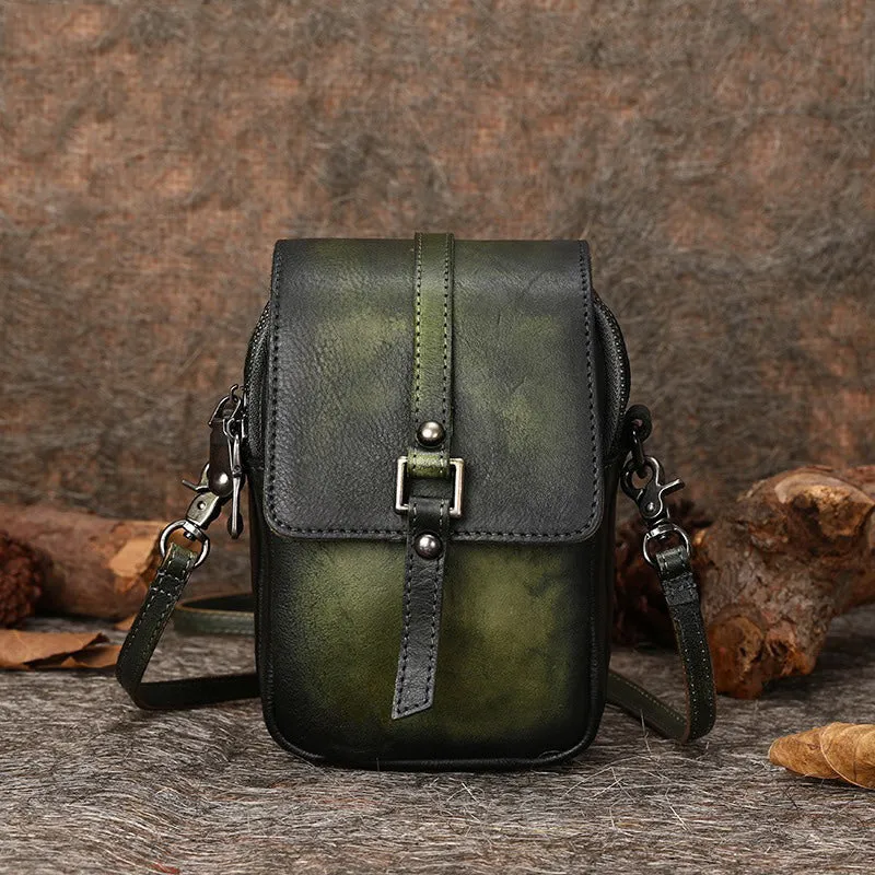 Small Leather Womens VIntage Phone Shoulder Bag Small Side Bag Handmade Crossbody Purse for Ladies