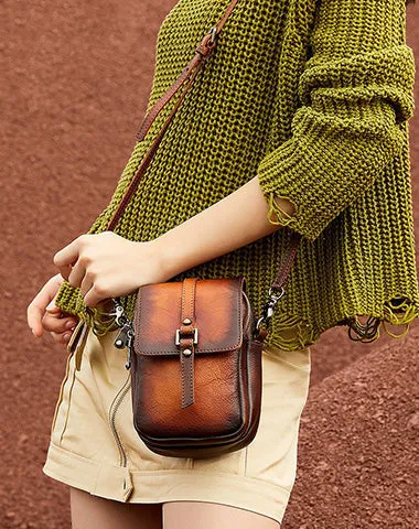 Small Leather Womens VIntage Phone Shoulder Bag Small Side Bag Handmade Crossbody Purse for Ladies