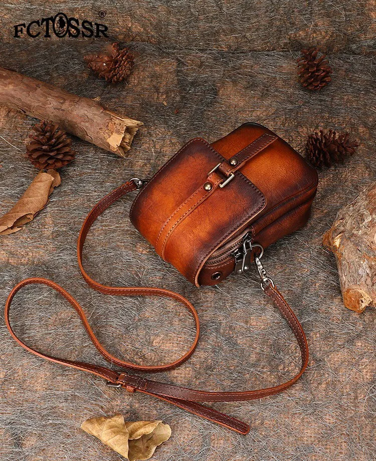 Small Leather Womens VIntage Phone Shoulder Bag Small Side Bag Handmade Crossbody Purse for Ladies