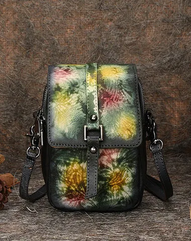 Small Leather Womens VIntage Phone Shoulder Bag Small Side Bag Handmade Crossbody Purse for Ladies