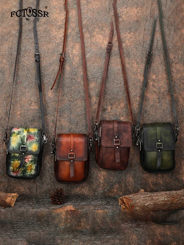 Small Leather Womens VIntage Phone Shoulder Bag Small Side Bag Handmade Crossbody Purse for Ladies