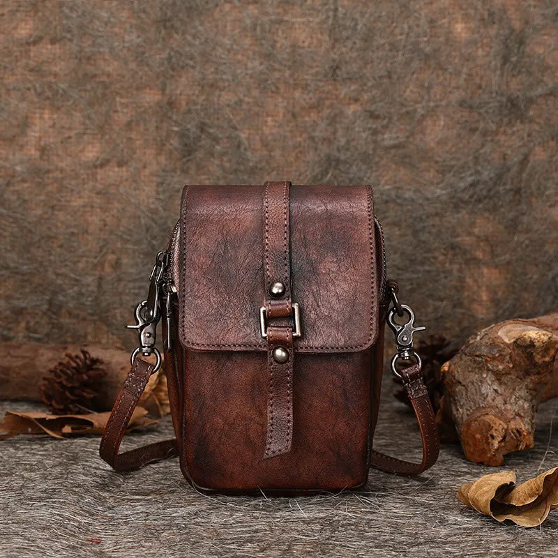 Small Leather Womens VIntage Phone Shoulder Bag Small Side Bag Handmade Crossbody Purse for Ladies