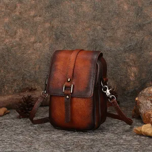 Small Leather Womens VIntage Phone Shoulder Bag Small Side Bag Handmade Crossbody Purse for Ladies