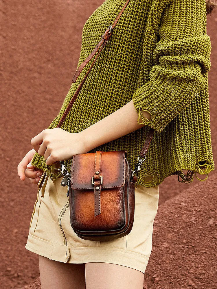 Small Leather Womens VIntage Phone Shoulder Bag Small Side Bag Handmade Crossbody Purse for Ladies