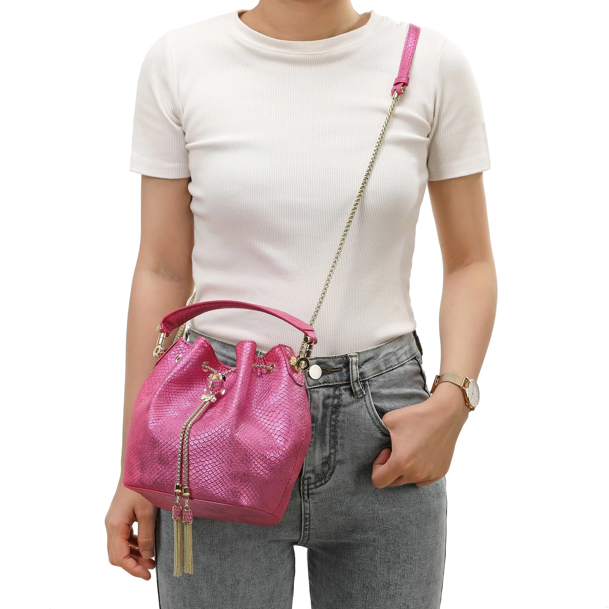 Snake Pattern Leather Drawstring/ Shoulder Bag