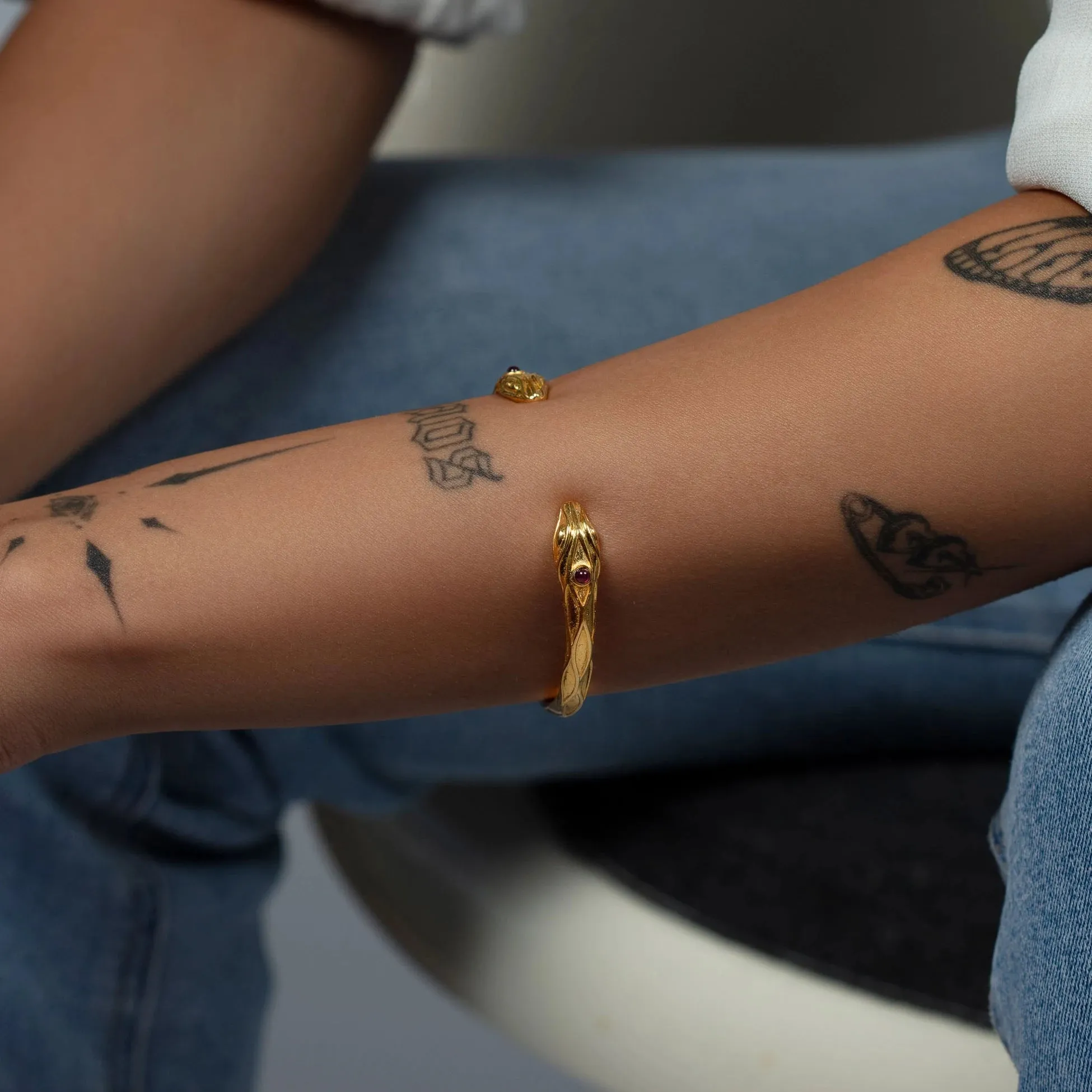 Snake Vintage Bracelet - Gold Plated Bronze with Garnet Stone