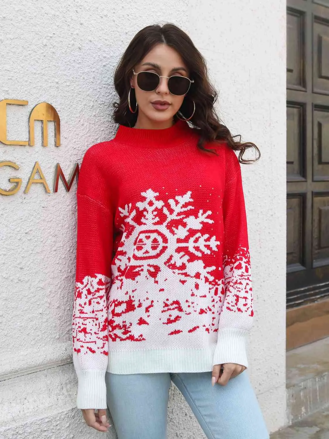Snowflake Pattern Mock Neck Sweater (2 Colors)