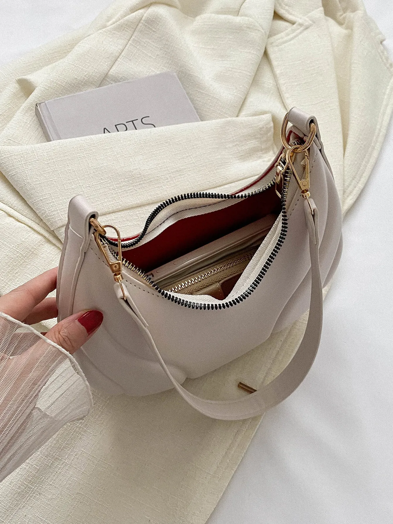 Solid Color Hobo Bag With Pressed Detailing Shoulder Bag