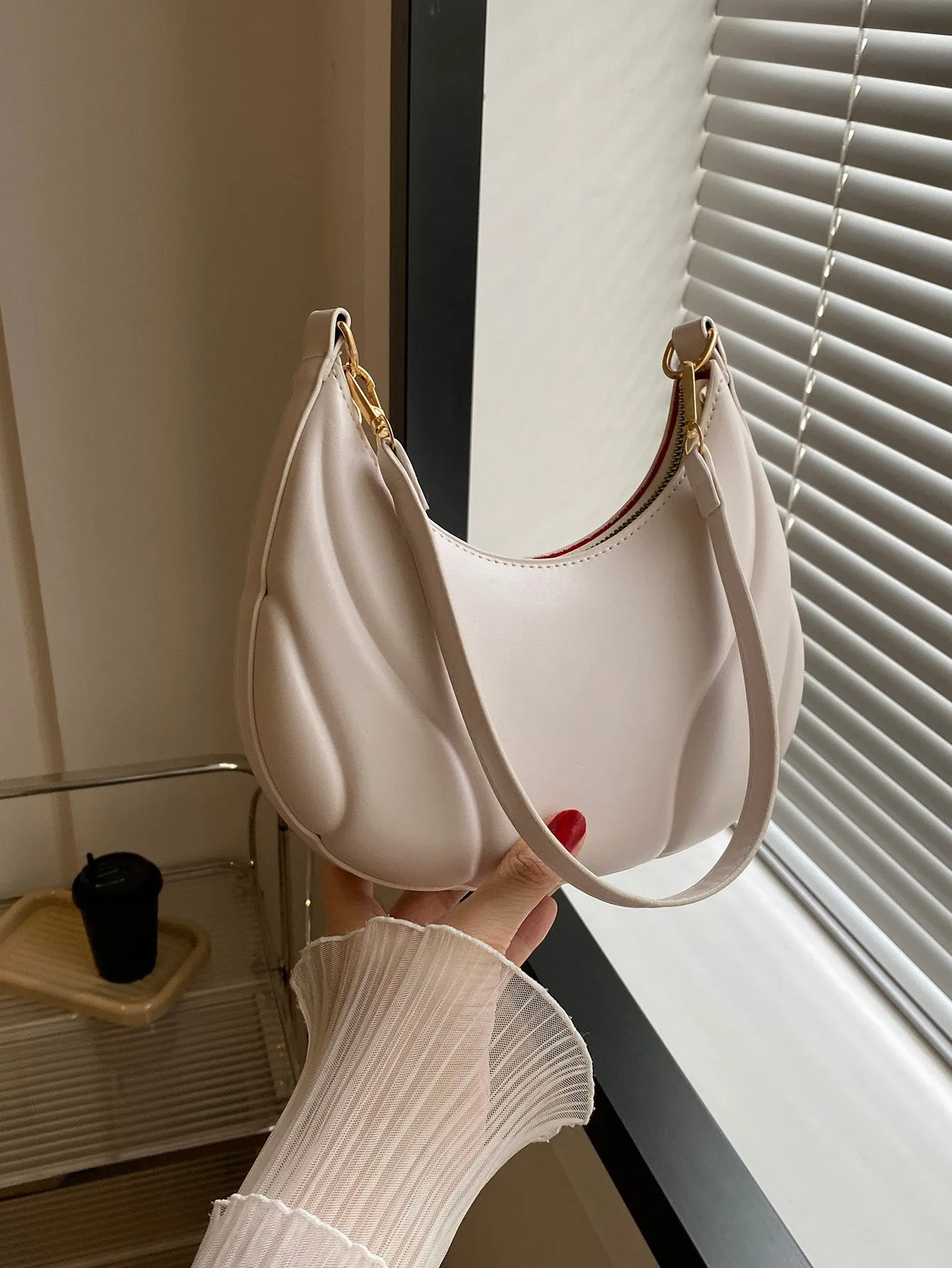 Solid Color Hobo Bag With Pressed Detailing Shoulder Bag