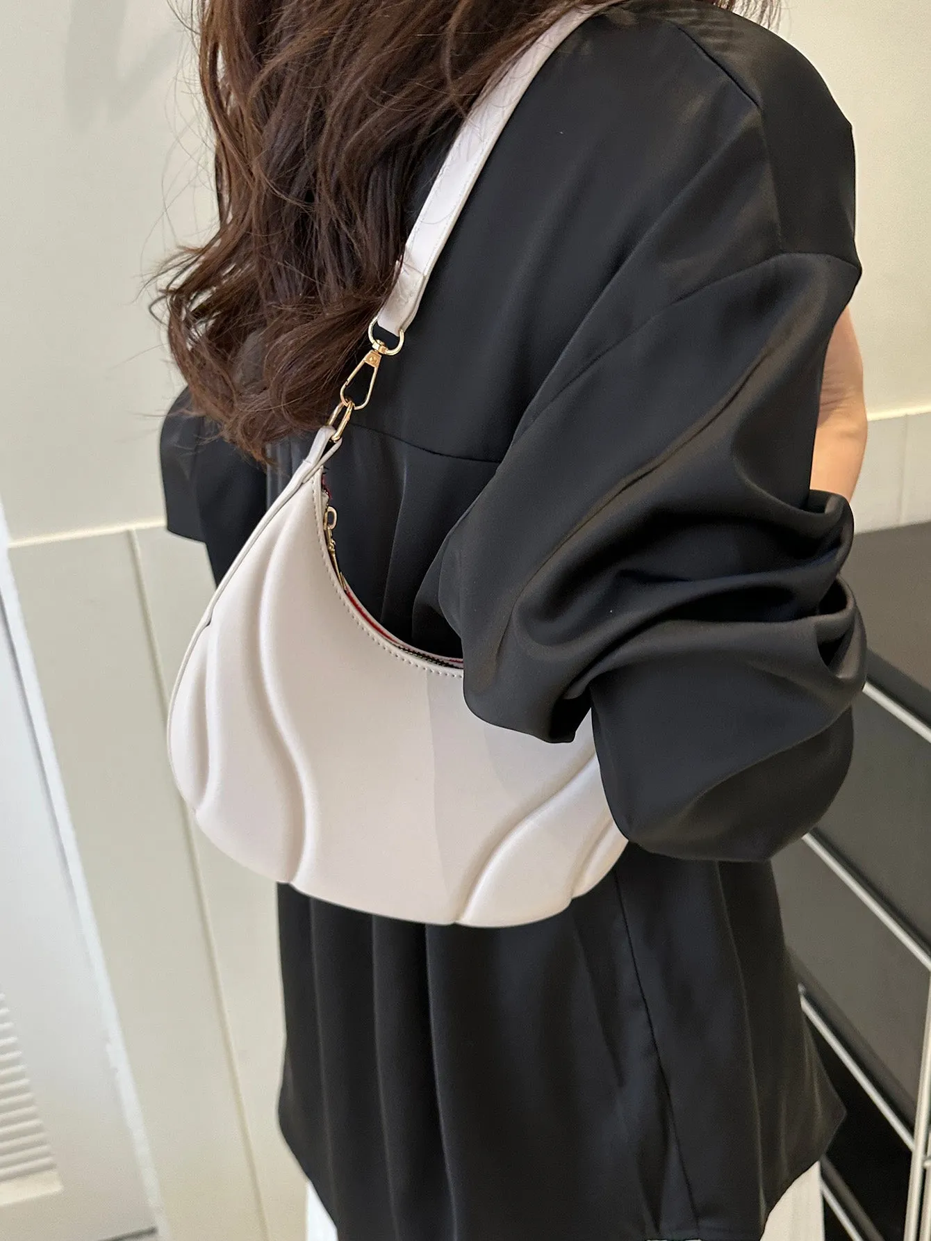 Solid Color Hobo Bag With Pressed Detailing Shoulder Bag