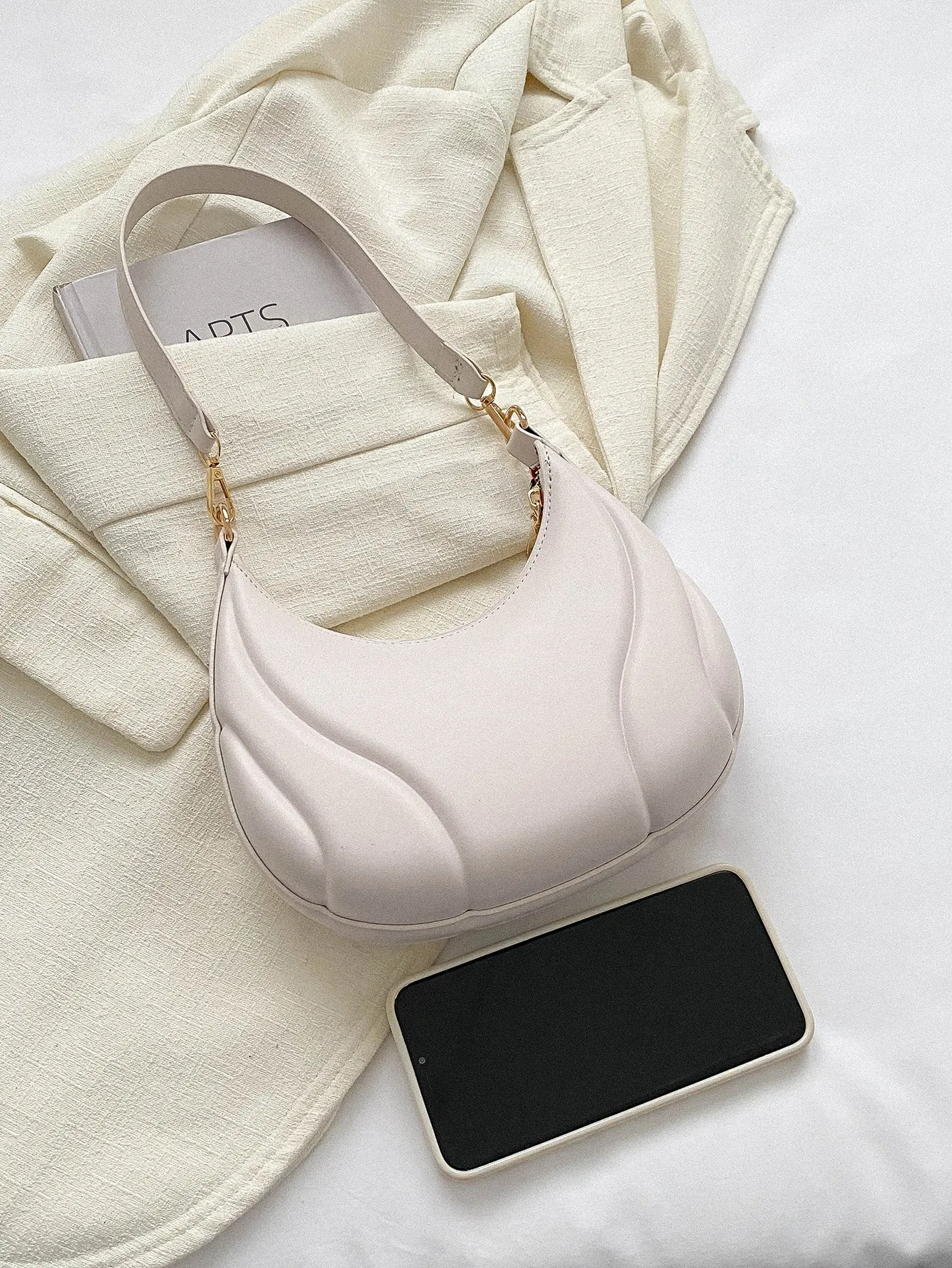 Solid Color Hobo Bag With Pressed Detailing Shoulder Bag