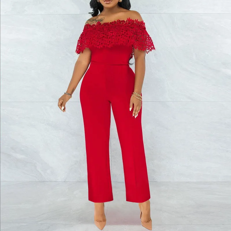 Solid Off Shoulder Sleeveless Lace Jumpsuit