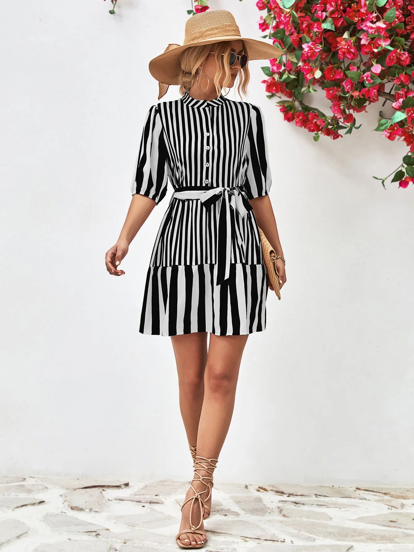 Striped Half Sleeve Tie Waist Mini Dress (3 Colors)