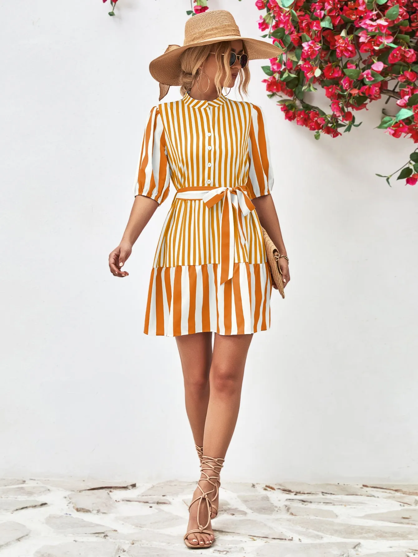Striped Half Sleeve Tie Waist Mini Dress (3 Colors)