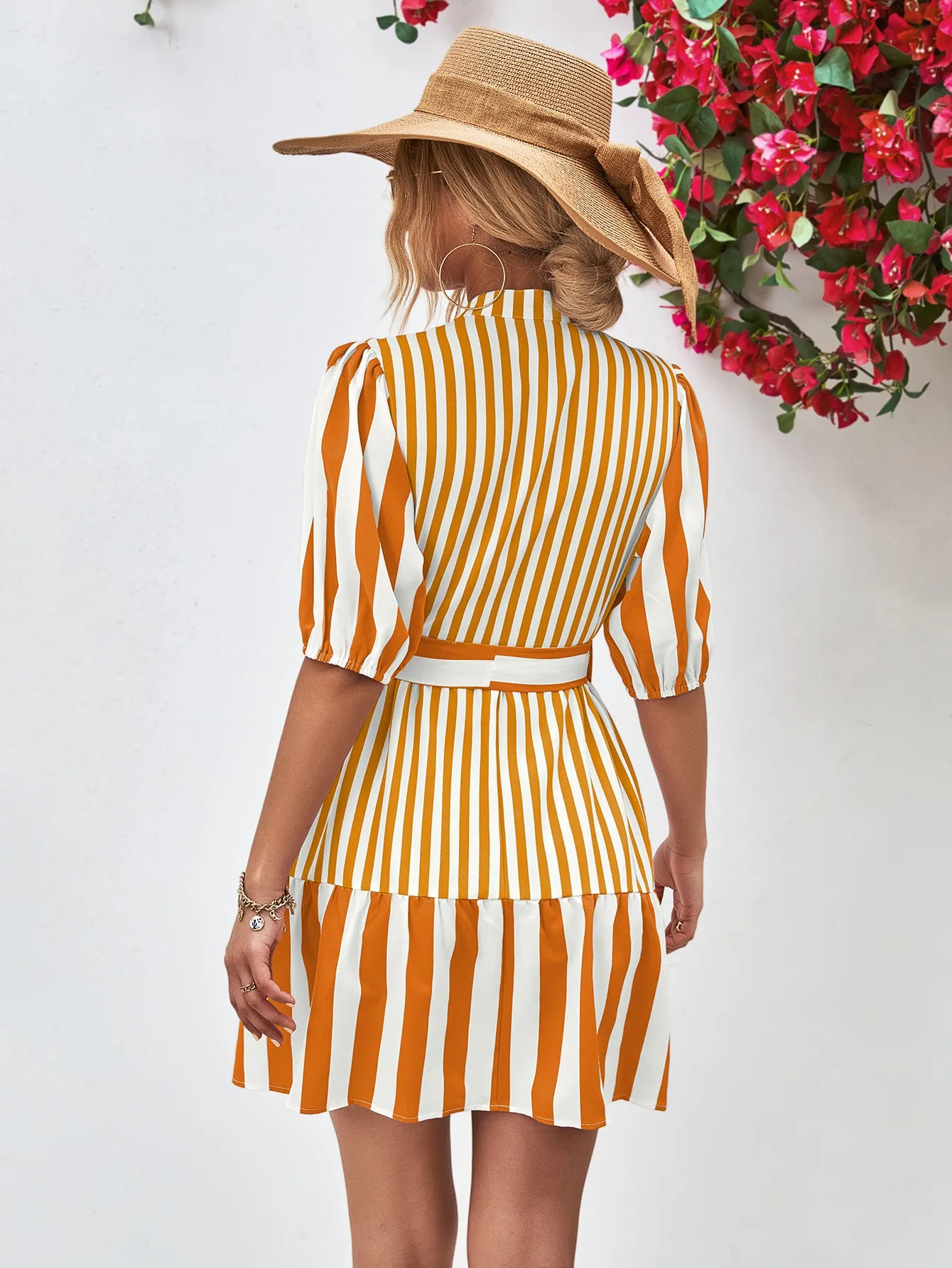 Striped Half Sleeve Tie Waist Mini Dress (3 Colors)