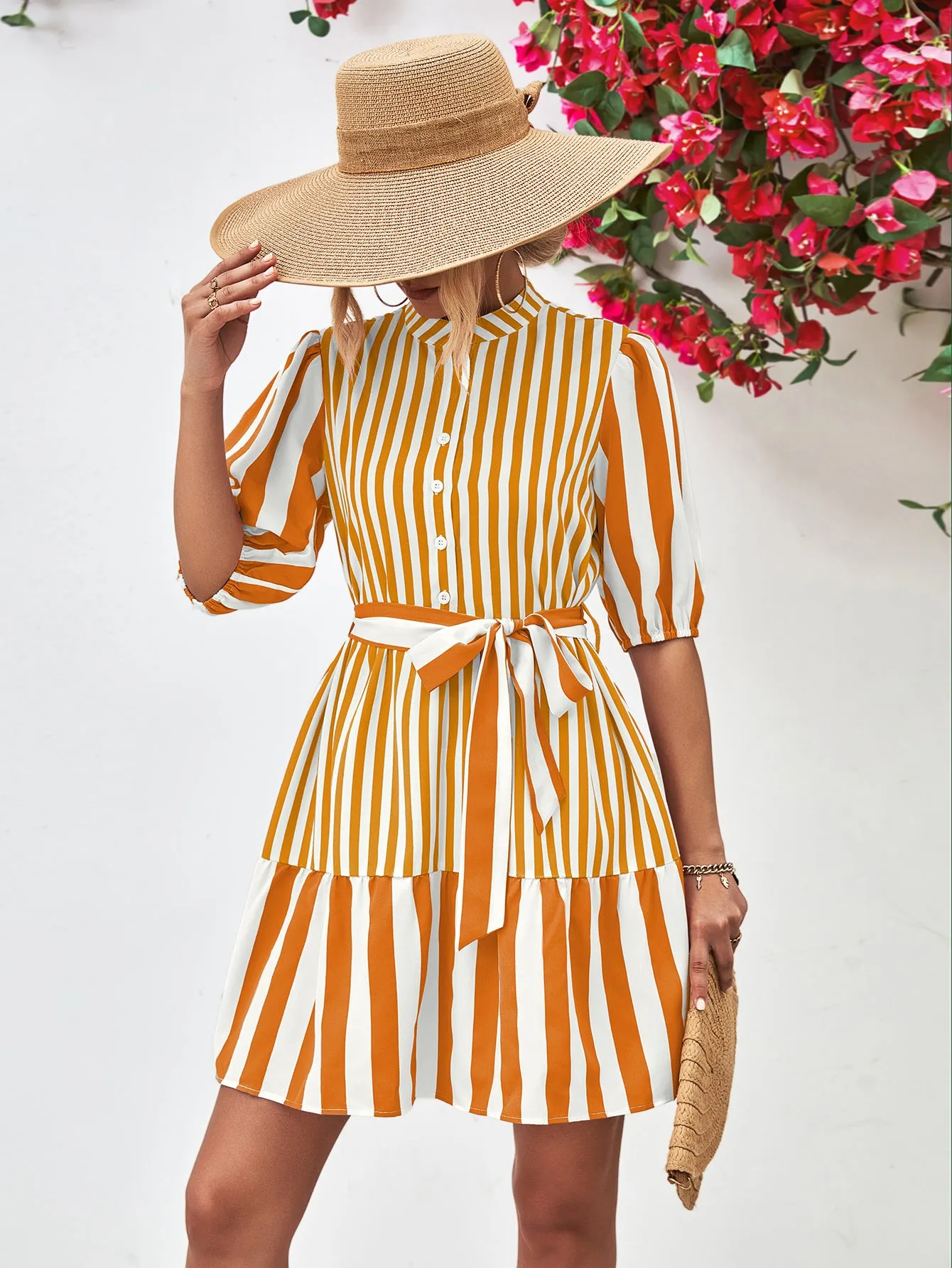 Striped Half Sleeve Tie Waist Mini Dress (3 Colors)