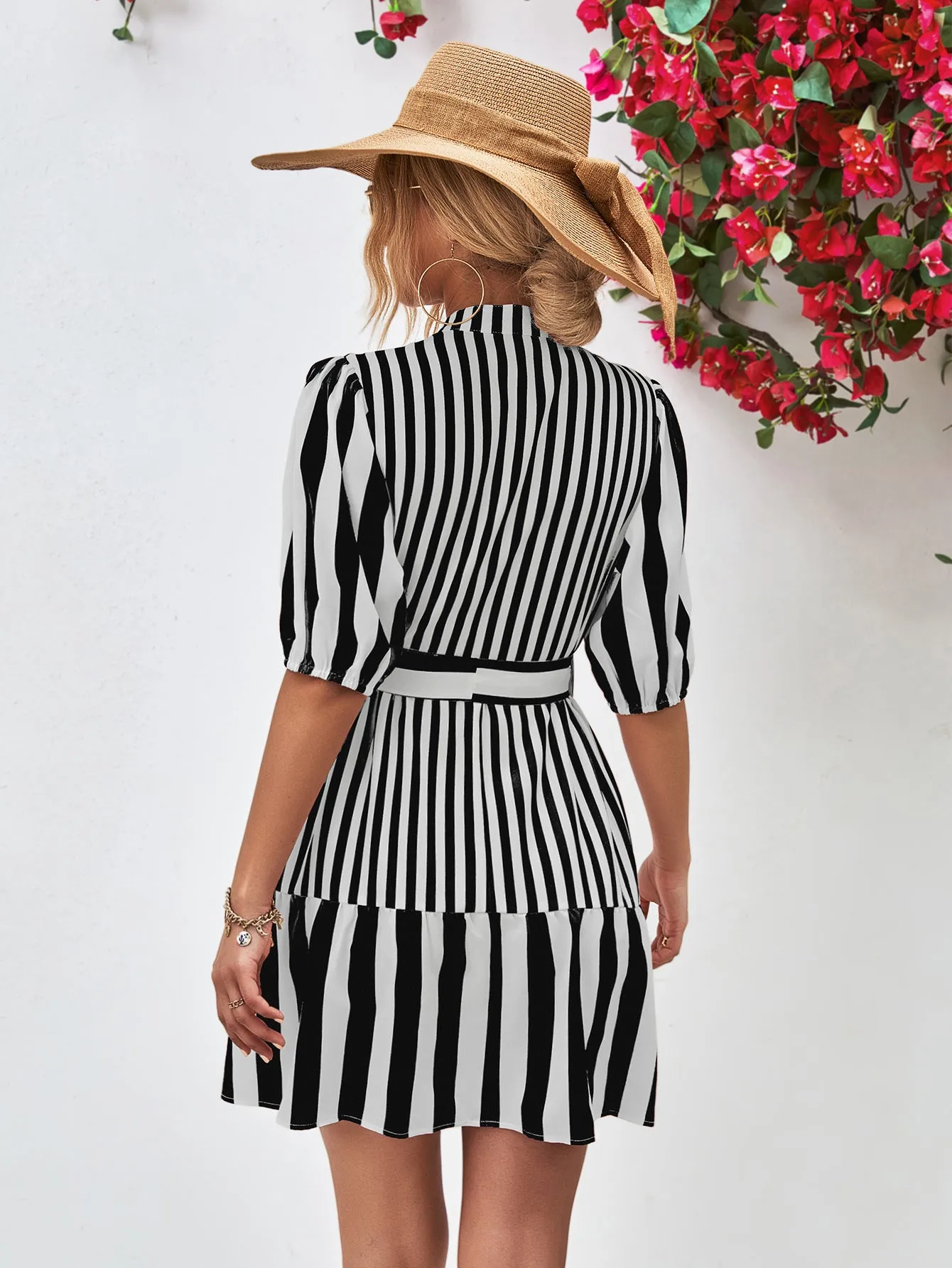 Striped Half Sleeve Tie Waist Mini Dress (3 Colors)