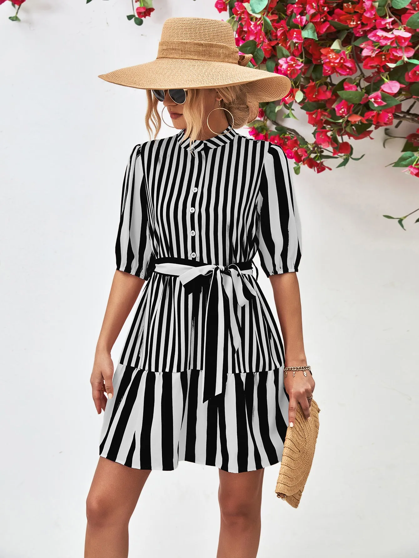Striped Half Sleeve Tie Waist Mini Dress (3 Colors)