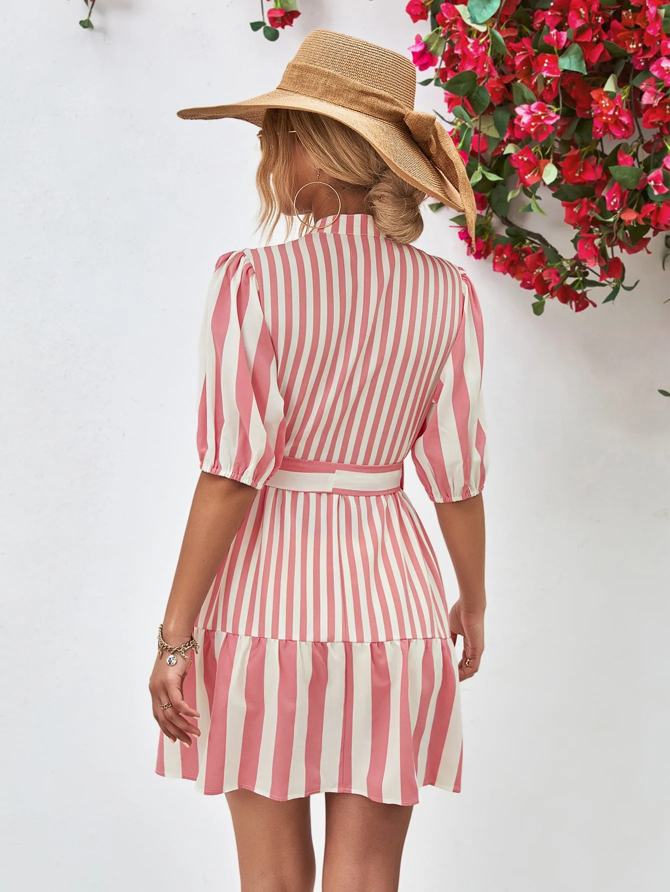 Striped Half Sleeve Tie Waist Mini Dress (3 Colors)