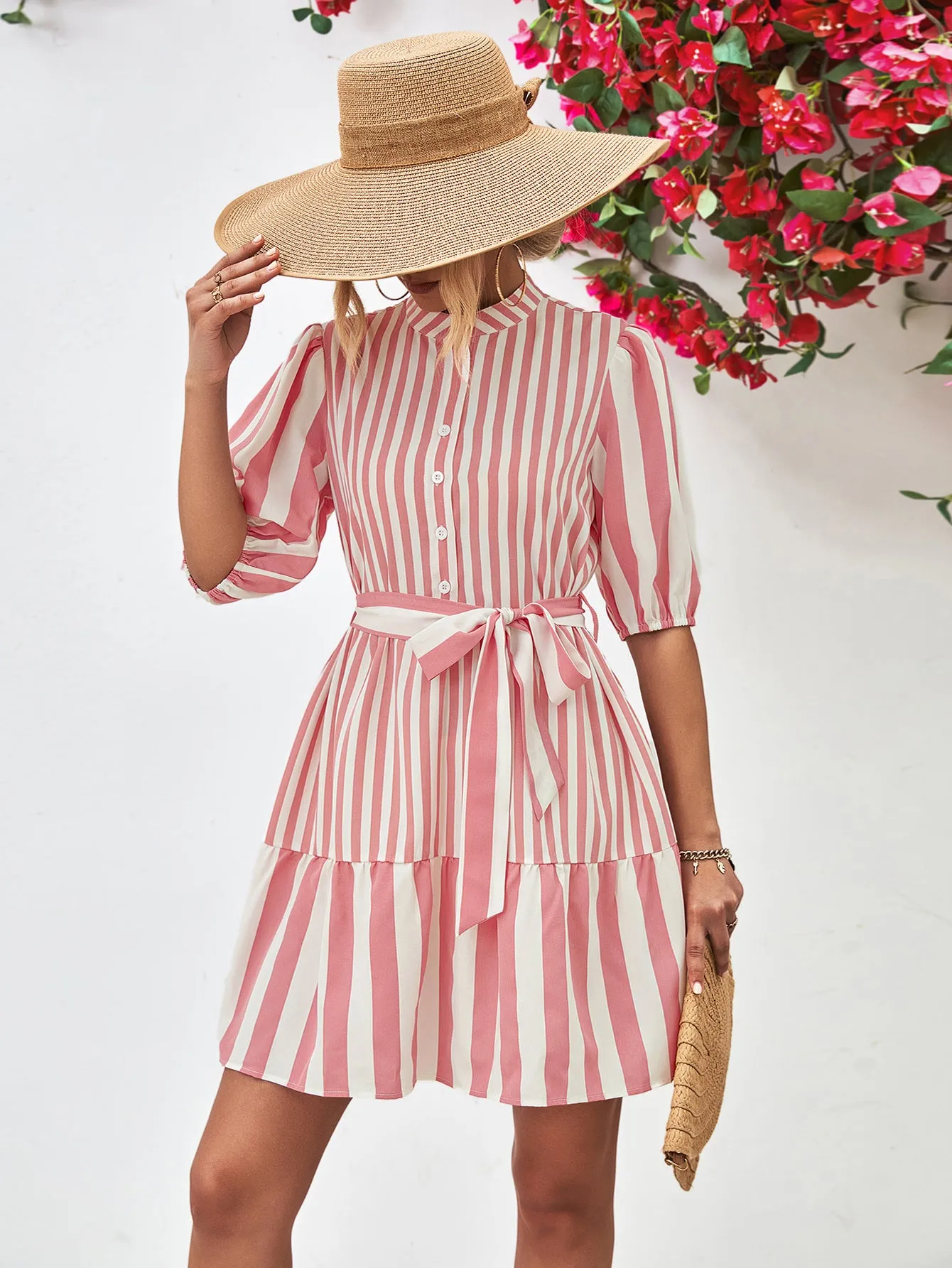 Striped Half Sleeve Tie Waist Mini Dress (3 Colors)