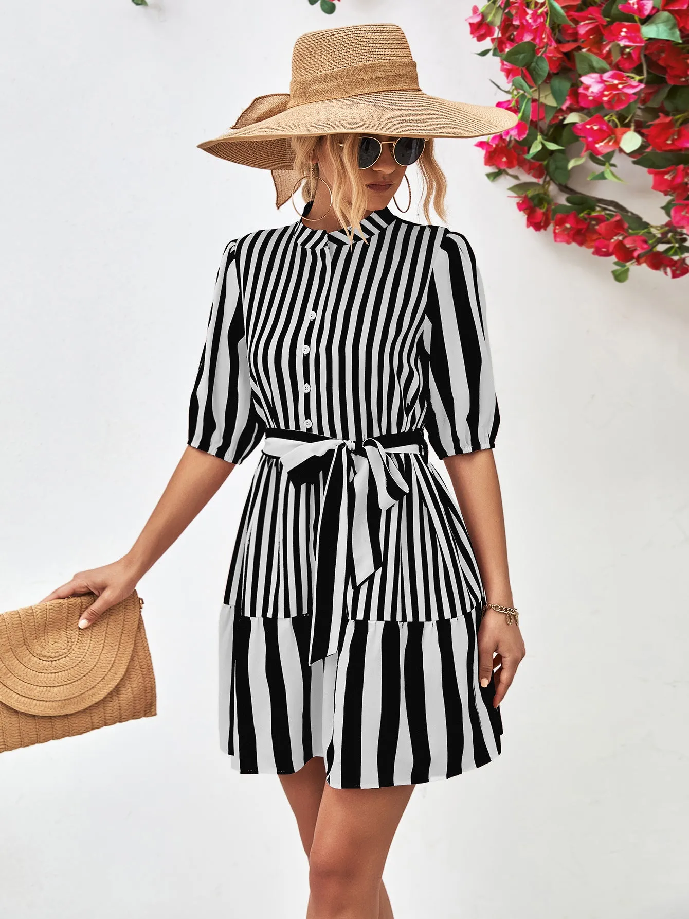 Striped Half Sleeve Tie Waist Mini Dress (3 Colors)