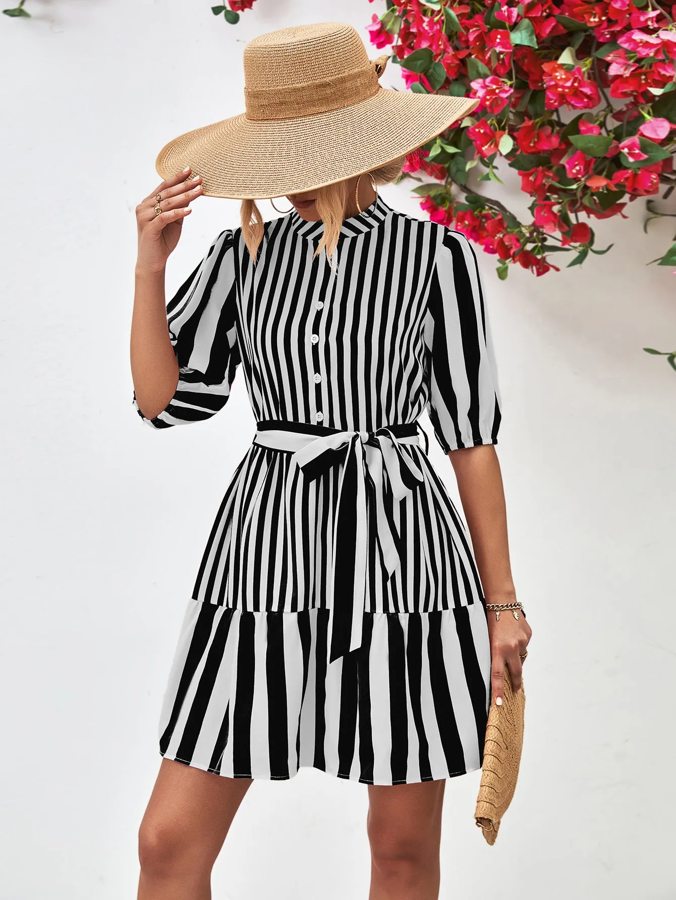 Striped Half Sleeve Tie Waist Mini Dress (3 Colors)
