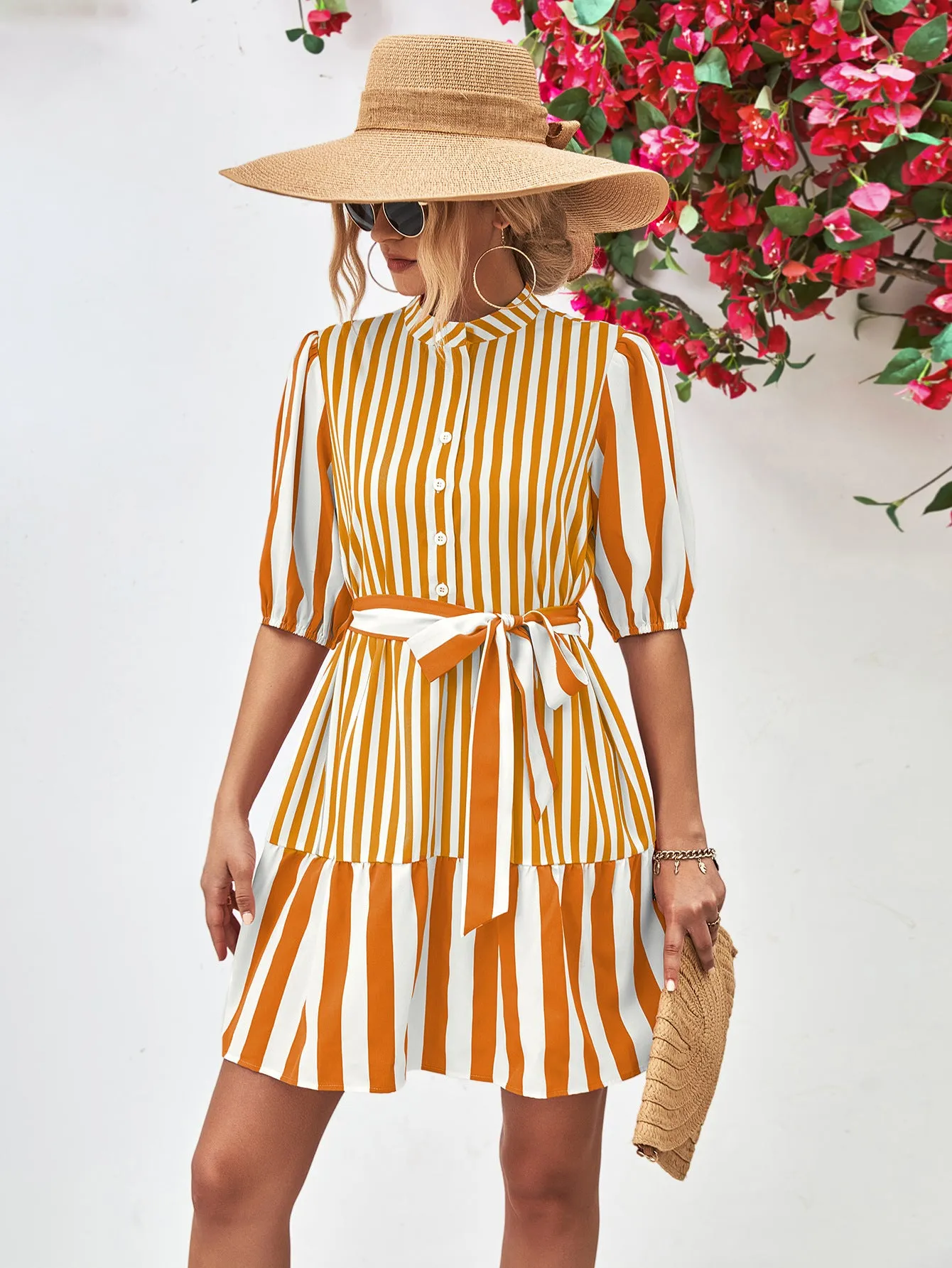 Striped Half Sleeve Tie Waist Mini Dress (3 Colors)
