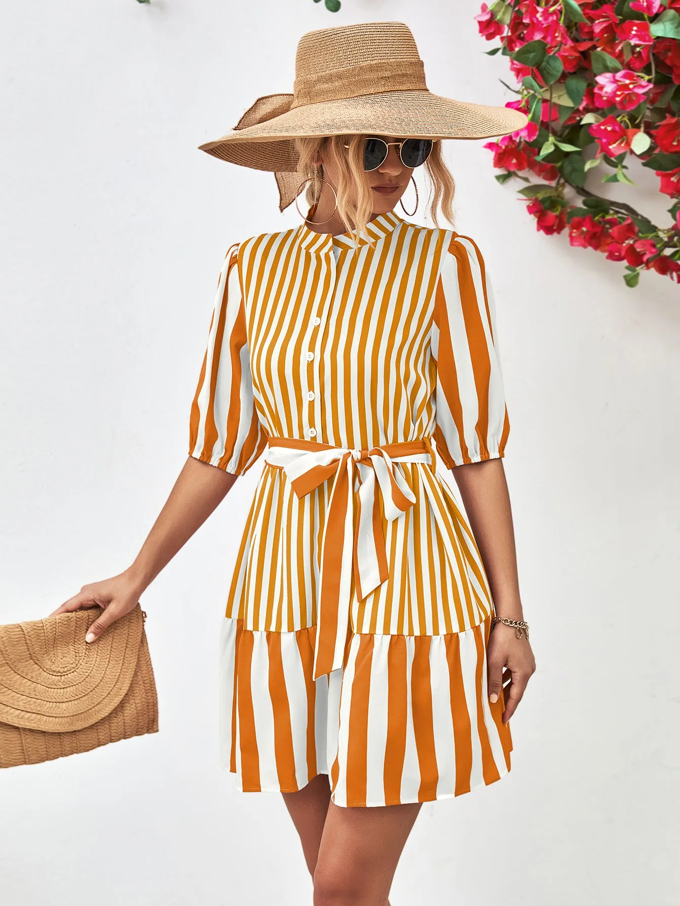 Striped Half Sleeve Tie Waist Mini Dress (3 Colors)
