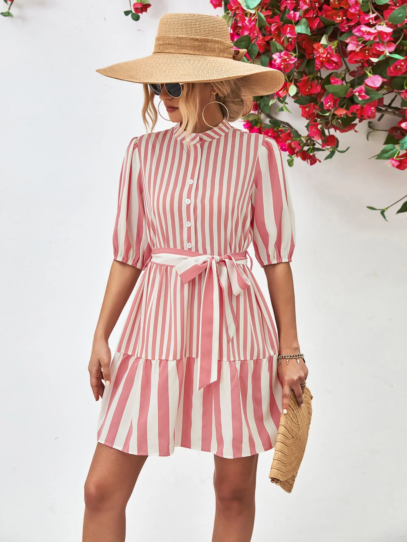 Striped Half Sleeve Tie Waist Mini Dress (3 Colors)