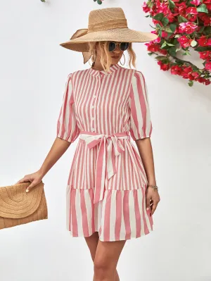 Striped Half Sleeve Tie Waist Mini Dress (3 Colors)