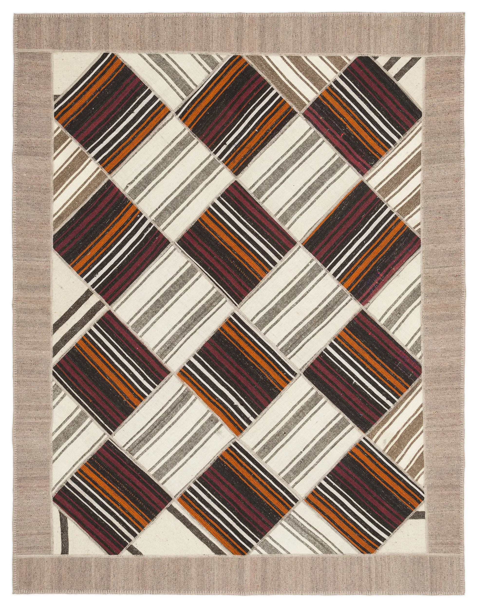 Striped Over Dyed Kilim Patchwork Unique Rug 6'11'' x 8'10'' ft 210 x 270 cm