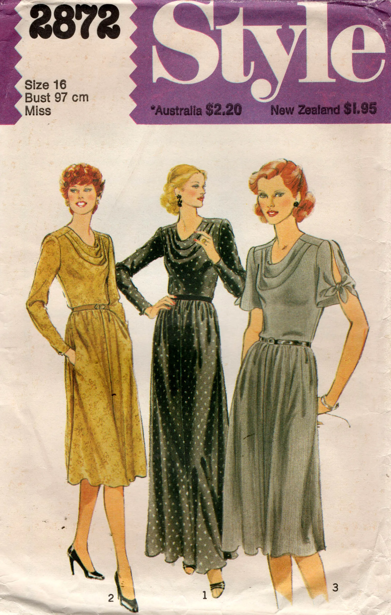 Style 2872 Womens Evening Dress with Cowl Neckline & Tied Sleeves 1970s Vintage Sewing Pattern Size 16 Bust 38 inches