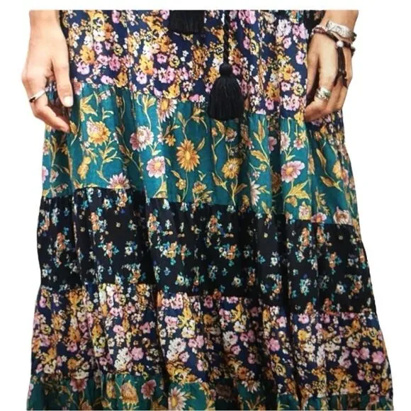 Sundance Beauty in Bloom Smocked Tier Patchwork Floral Hi-low Maxi Skirt Size L