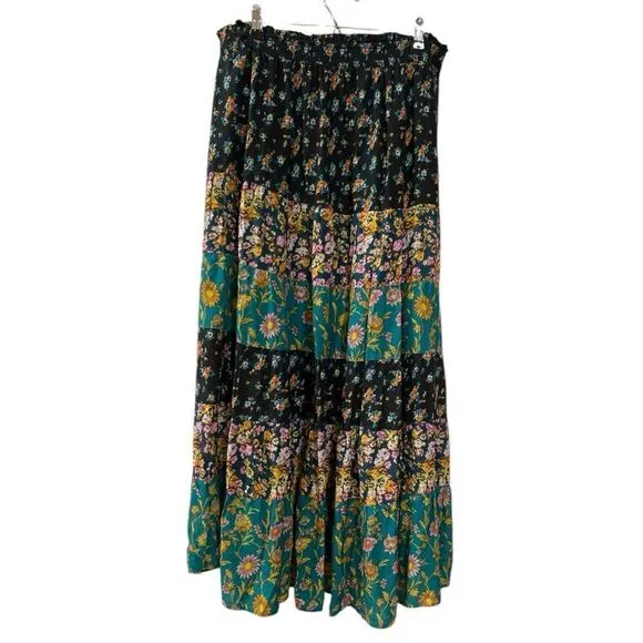 Sundance Beauty in Bloom Smocked Tier Patchwork Floral Hi-low Maxi Skirt Size L